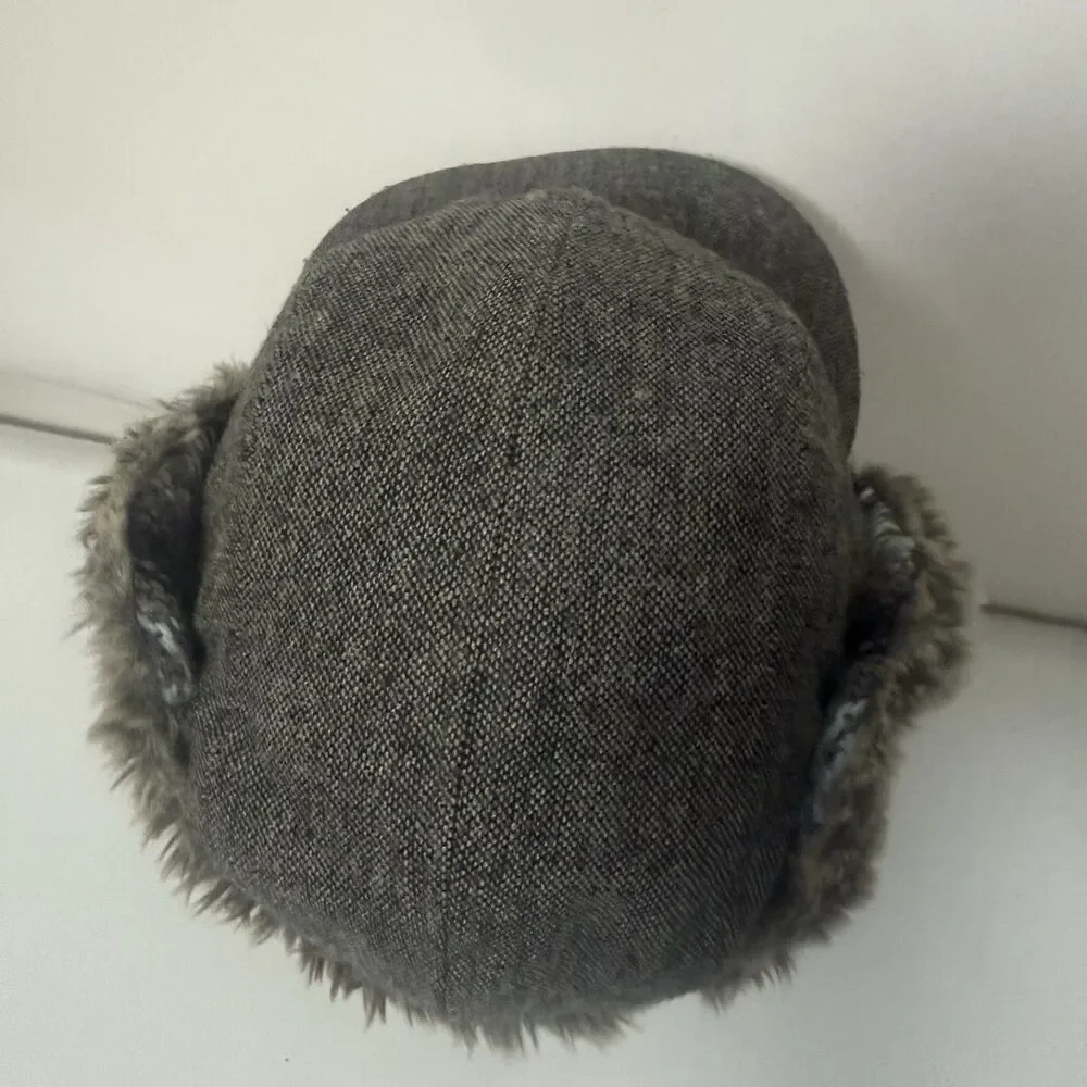 Duluth Trading Co Wool Fair Isle Fur Winter Flap Trapper Gray Gorpcore Hat S/M
